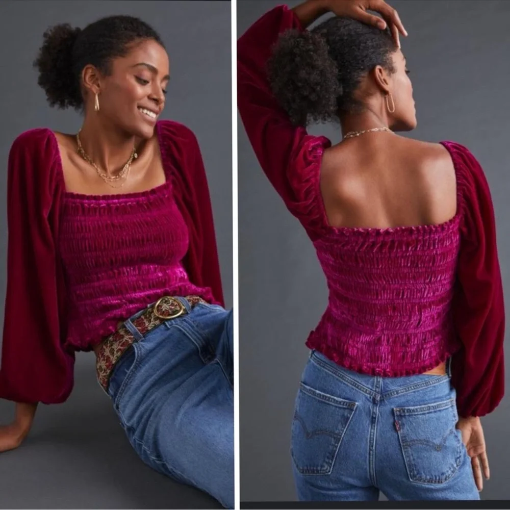 Anthropologie Puff Sleeve Velvet Smocked Magenta Pink Top Women's Large